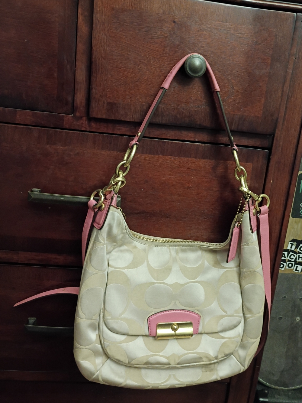 Coach Signature Canvas Hobo Bag in Beige with Pink Trim
